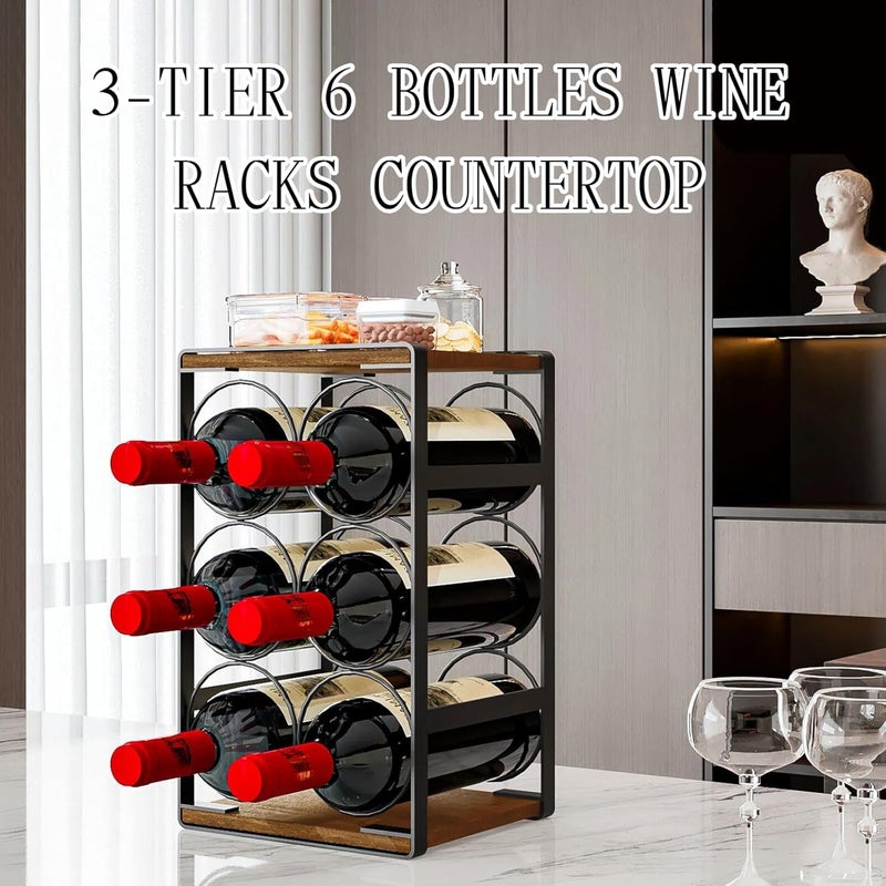 Dazioter Wood Countertop Wine Rack No Need Assembly 6 Bottles Black + Rustic Brown - Image 3